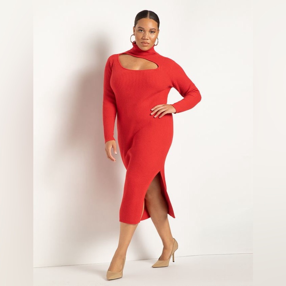Eloquii Red Sweater Dress Turtleneck Long Sleeve Cutout Chest Knit Sz 14/16